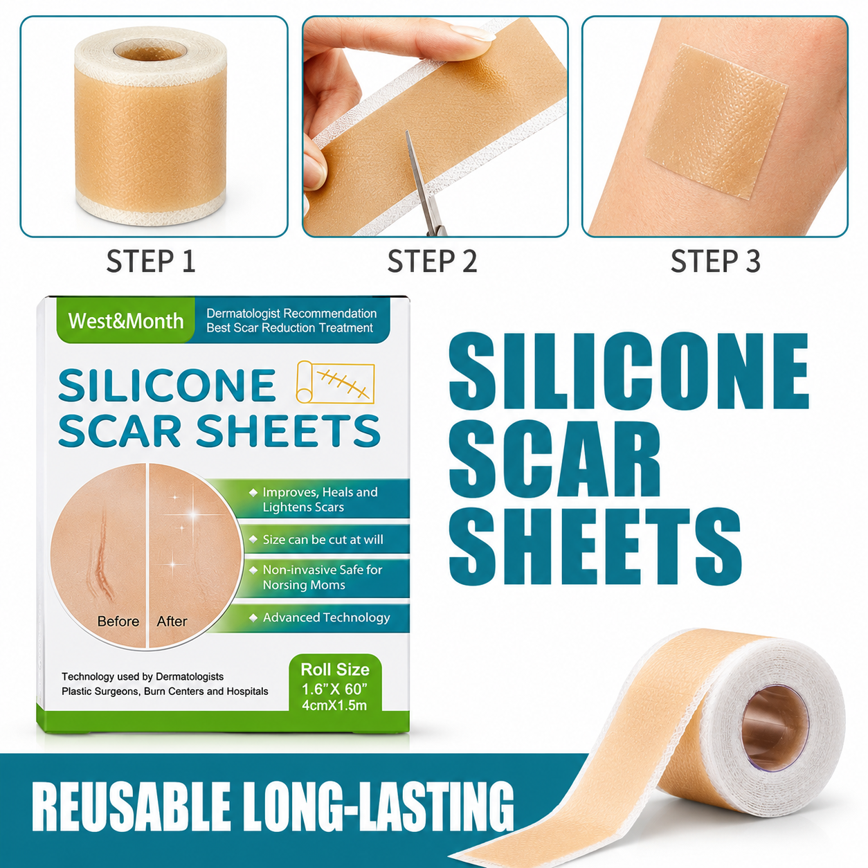 1 Roll Silicone Scar Sheets , 4Cmx150Cm Self-Adhesive Scar Cover Tape Reusable and Effective Skin Care Strips