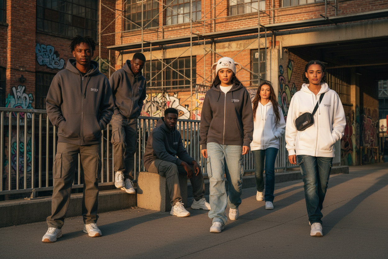 Group in SHEEP gray and white hoodies