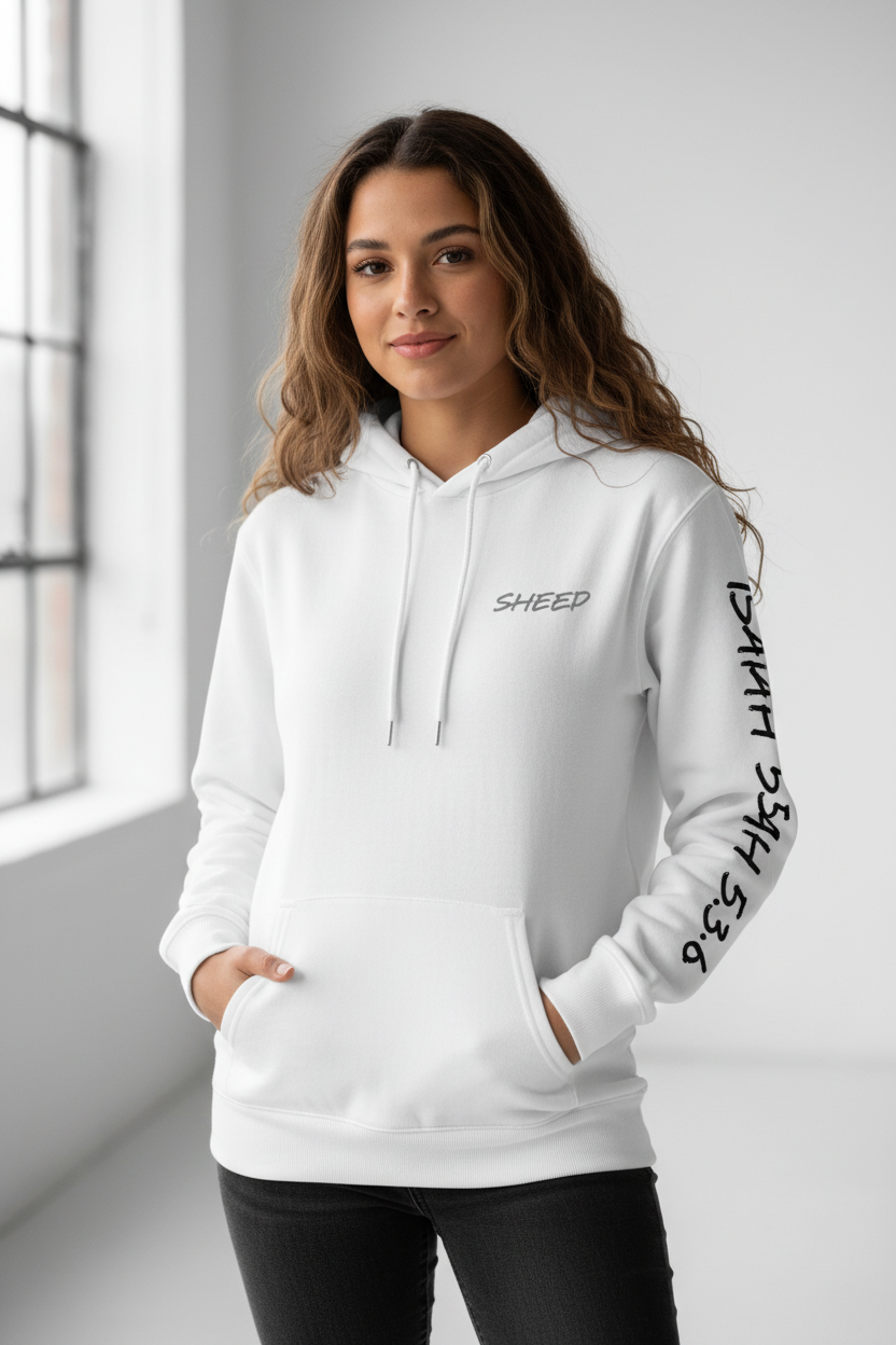 Woman in SHEEP white hoodie